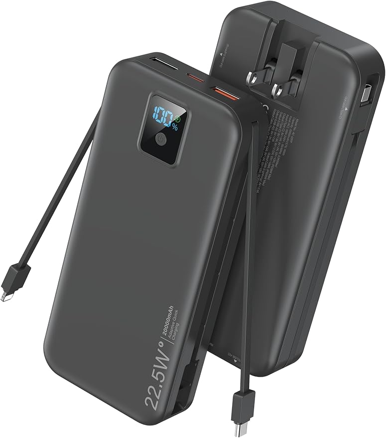 Portable Power Bank, 20000mAh 22.5W Fast Charging Phone Charger with Built-in Cables & Wall Plug, Travel Essential Battery Pack with LED Display, USB C Battery Charging Bank for iPhone, Samsung Black