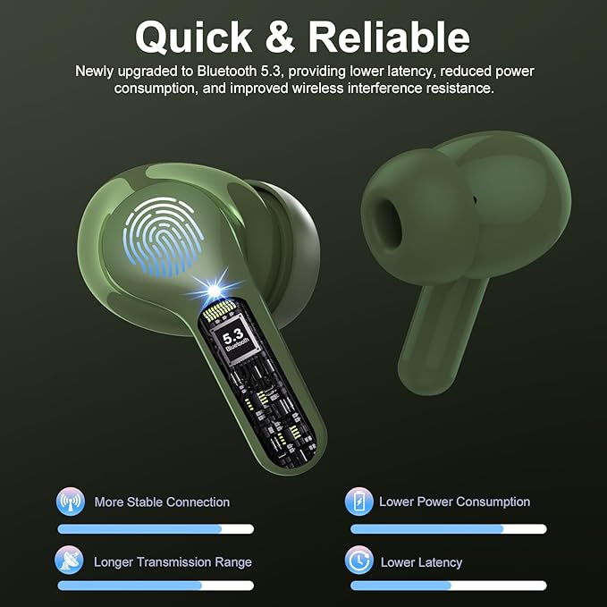 Wireless Earbuds, Bluetooth 5.4 Headphones HiFi Stereo, Bluetooth Earbuds with ENC Noise Cancelling Mic, IP7 Waterproof in Ear Earphones, 48H, LED Display Ear buds for Pad Phones Workout Sports, Green