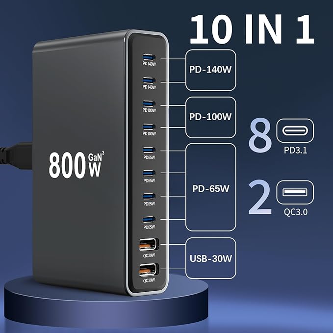 800W GaN3 10-Port USB-C Charging Station - Fast Charger for Laptops, Tablets, Smartphones, and More (Black)