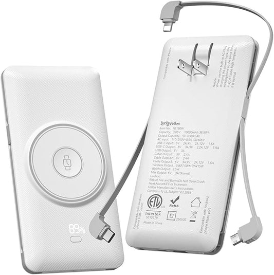 Magnetic 10000mAh Portable Charger for iWatch & iPhone, 22.5W USB C Fast Charging Wireless Power Bank Built-in Cables and Wall Plug, External Travel Battery Pack Compatible with iOS Android Devices