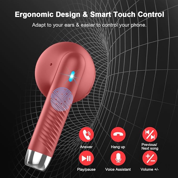 Wireless Earbuds, Bluetooth 5.4 Earbuds Stereo Bass, Bluetooth Headphones in Ear Noise Cancelling Mic, Earphones IP7 Waterproof Sports, 32H Playtime USB C Charging Case Red Ear Buds for Android iOS