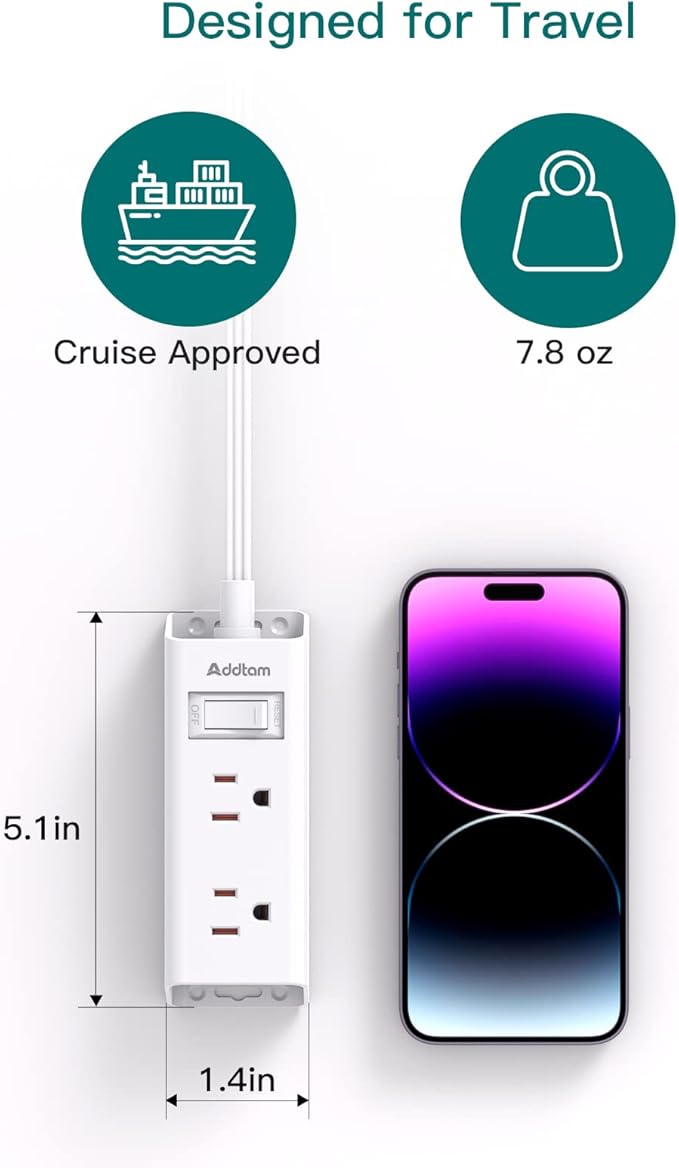 Cruise Ship Essentials, Flat Plug Power Strip, Addtam 3FT Ultra Flat Extension Cord with 6 Outlets Extender, No Surge Protector for Cruise Ship, Travel, Dorm, Home Office, ETL Listed