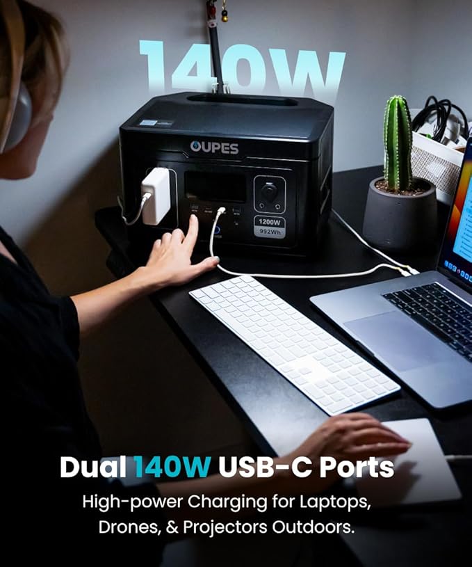 OUPES Exodus 1200 Solar Generator with 100W Panels Included, – 992Wh 1200W LiFePO4 Battery Power Station with Dual PD 140W Type-C, Smart App Control, UPS, Ideal for Camping, RV, Home Emergency