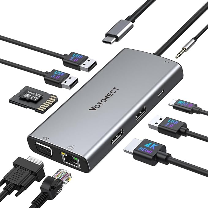 10-in-1 USB C Hub with 4K HDMI Adapter, SD/TF Card Reader, 100W PD Charging, 2 USB 3.0 Ports, and 2 usb2.0 Ports for MacBook Pro/Air, Dell XPS, Lenovo ThinkPad, etc. (10-in-1 VGA)