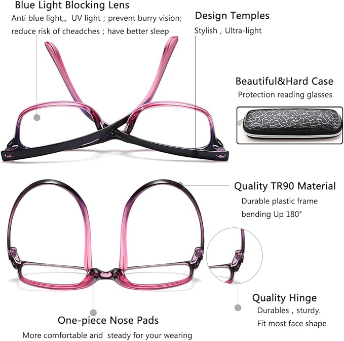EYEURL 2 Pack Reading Glasses Blue Light Blocking Readers for Women-TR90 Lightweight Computer Reading Glasses Stylish Rectangular Frames Eyeglasses+2.0