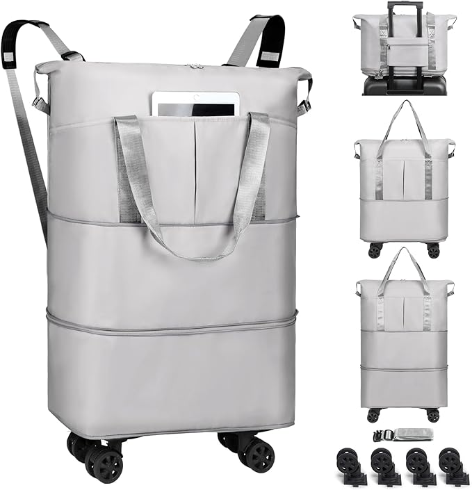 VOOWO Duffel Bag with Wheels - Rolling Foldable Expandable Duffle Bags with Wheel for Travel, Rolling Luggage Carry On Travel Bag, Large Wheeled Overnight Weekender Bag (Gray)