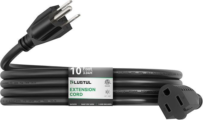 PLUGTUL 10 FT Outdoor Extension Cord Waterproof 16/3 Black Heavy Duty 3 Prong Extension Cord, 13A 1625W SJTW, ETL Listed, Great for Garden and Home