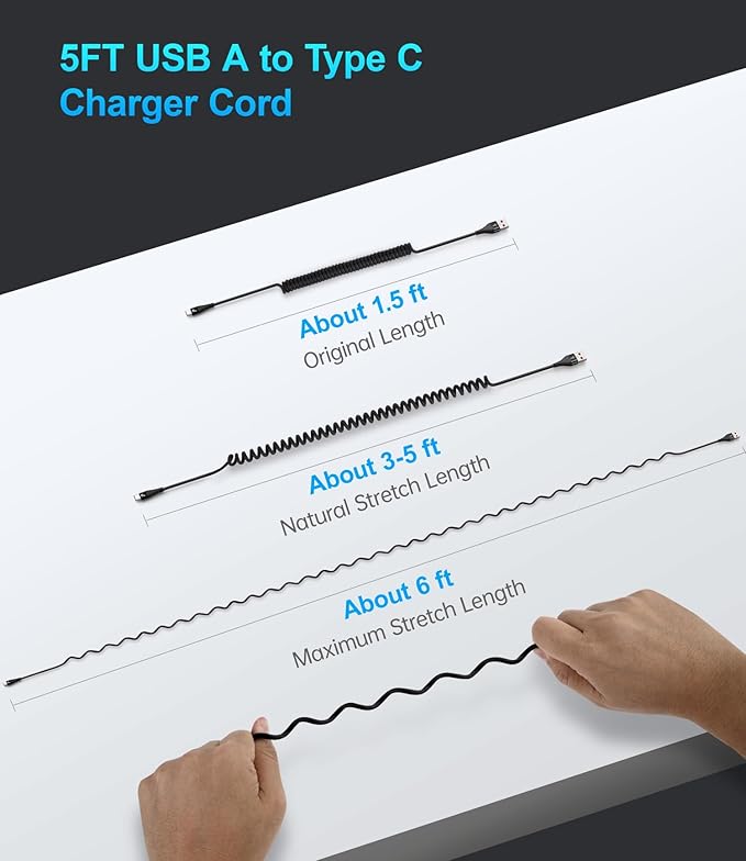 PRAKIE Coiled USB C Cable Fast Charging for Car 3FT/5FT, USB A to USB C Cable, Type C Charge Cord USB-C Charging Cable Compatible with iPhone 17/16/15/Samsung Galaxy S20 and More USB C Devices-Black