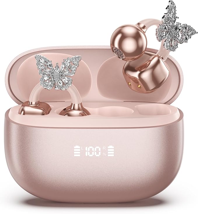 PAXA Bling Open Ear Clip On Earbuds with LED Display & Crystal Butterfly Earrings, Comfort Bluetooth 5.4 Wireless Ear Buds 50H Playtime for Women Girl Work, Fitness, Daily Wear, Gift, Rose Gold