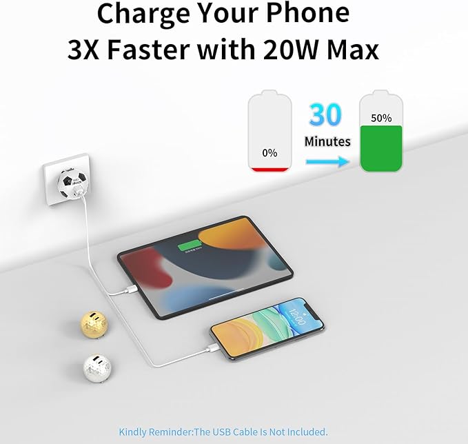 USB C Charger Block 20W，Creative Golf Ball Type C Wall Charger，GaN III Power Adapter with UL Certified，Fast Charging for iPhone 16/15 Series, Galaxy, Google Pixel,iPad,AirPods