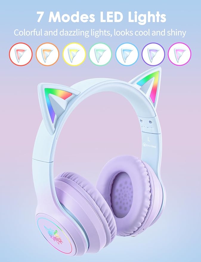 Cat Ear Bluetooth Headphones with Micphone for Kids & Adults, LED Light Up Wireless HI-FI Sound Quality, Over-Ear Headphones with Volume Control for iPhone/iPad/Laptop/PC(55H Play Time)