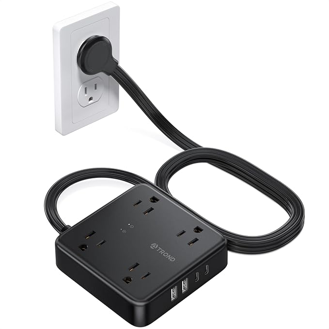 TROND Surge Protector Power Strip with USB Ports, 5ft Flat Plug Extension Cord with Multiple Outlets, 1440J, Wall Mount for Home Office Dorm Room Essentials, Black