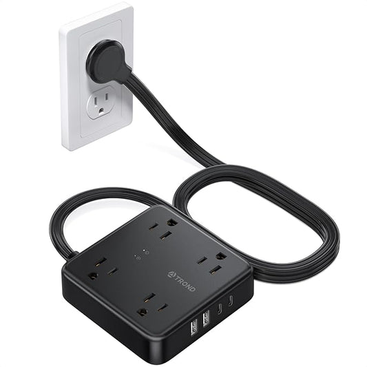 TROND Surge Protector Power Strip with USB Ports, 5ft Flat Plug Extension Cord with Multiple Outlets, 1440J, Wall Mount for Home Office Dorm Room Essentials, Black