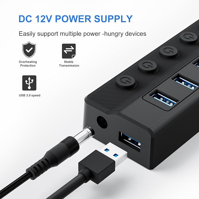 Powered USB Hub 3.0, 10-Port USB Splitter Hub with Individual On/Off Switches and 12V/2A Power Adapter USB Extension