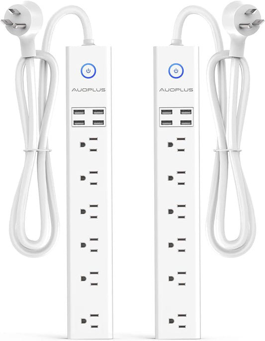 2 Pack Surge Protector Power Strip - 10FT Long Extension Cord with Multiple Outlets, 6 Widely Outlets 4 USB Charging Ports, Flat Plug Overload Surge Protection, Wall Mount for Home, Office ETL Listed