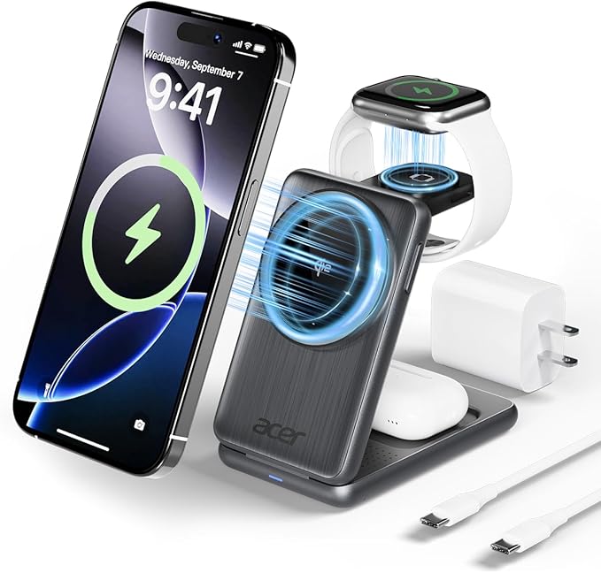 Acer Magnetic Wireless Charger,3 in 1 Wireless Charging Station,15W Fast MagSafe Charger for iPhone 17 16 15 14 13 12 Series-Apple Watch 10 9 8 7 6 5 4 3 2 SE and Ultra Series-Airpods 4 3 2 Pro Series
