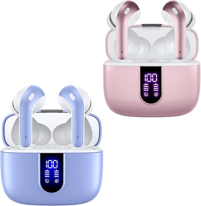 TAGRY 2 Sets X08 Pink and Purple Bluetooth Headphones True Wireless Earbuds 60H Playback Ear Buds with Wireless Charging Case in-Ear Earbuds with Mic