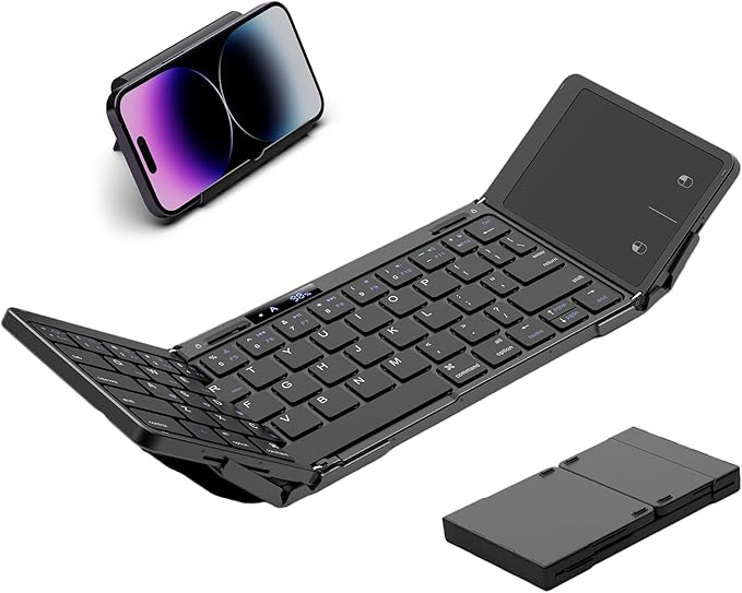 Eelexa Foldable Travel Key Board Wireless Portable Folding Keyboard with Touchpad, Lock Hinge Battery Level Display, Bluetooth Keyboard for ipad Tablet Laptop Windows Mac OS (Black-Tri-fold)