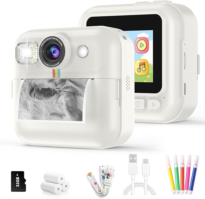 Kids Camera Instant Print Birthday Gifts for Girls Age 3-8, Toddler Cameras Travel Selfie Video Camera Toys Instantcamera for Kids with Color Pens (White)
