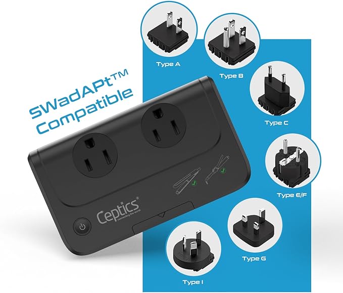 Ceptics - 6 in 1 Travel Adapter and Voltage Converter, 220V to 110V Converter with Surge Protection, Universal Adapter with Types A, C, G, I attachments & 4 USB PD 18W Fast Charging - Black
