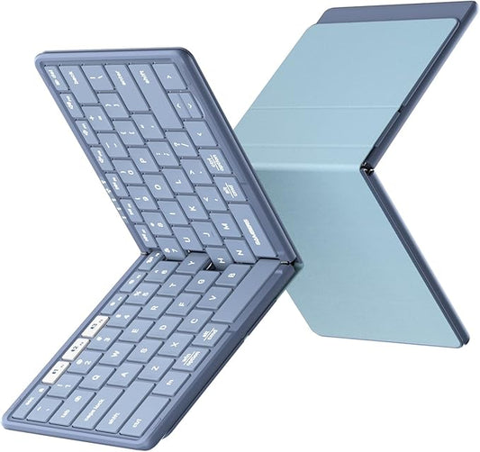Samsers Full-Size Foldable Bluetooth Keyboard, KF08S Wireless Folding Keyboards with PU Leather Cover, Portable Travel for iPhone iPad Smartphone Tablet Laptop, Android Windows Mac OS, Blue