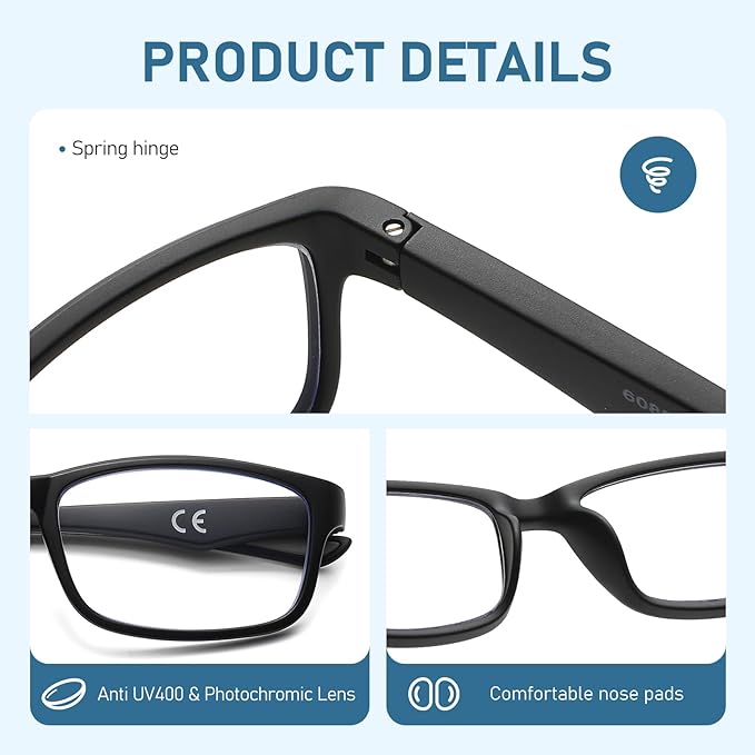 Sport Reading Glasses Men Photochromic Lens Blue Light Blocking Computer Reader Wide Style Spring Hinge Eyeglass LK6082