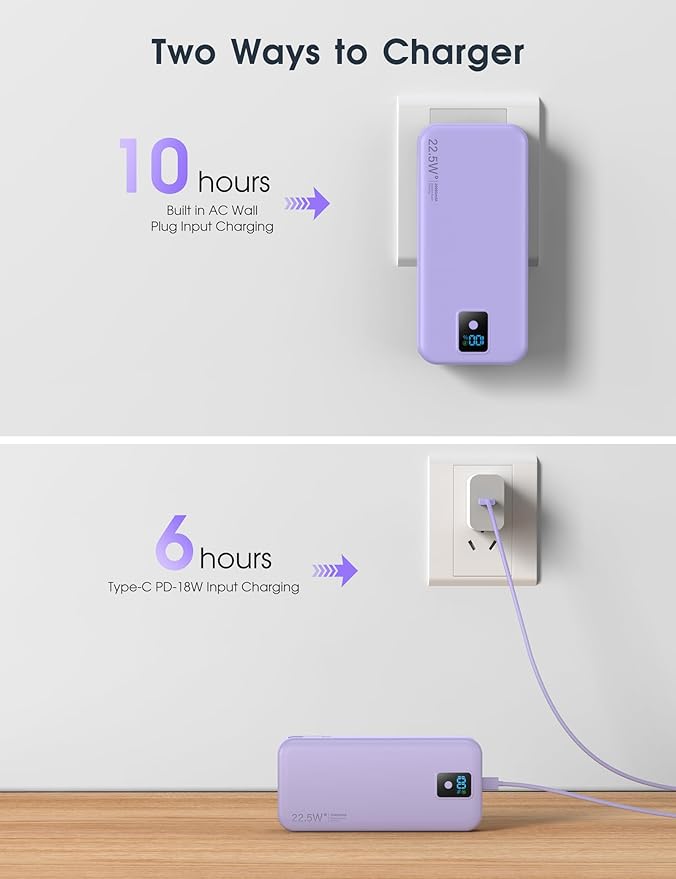 Portable Charger, 20000mAh 22.5W Fast Charging Power Bank with Built-in Cables & Wall Plug, Travel Essential Battery Pack with LED Display, USB C Battery Phone Charger for iPhone, iPad, Samsung Purple