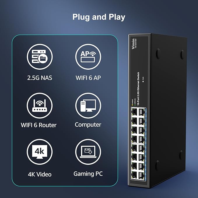 2.5G Switch Unmanaged, Vimin 16 Port 2.5GB Base-T Ethernet Switch, 2.5Gb Network Switch Plug & Play, Compatible with 10/100/1000/2500Mbps, Metal Housing, Fanless, for 2.5Gbps NAS, Wireless AP & PC