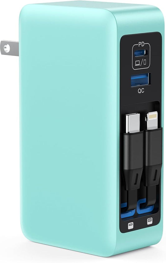 120W USB C Charger Block with 2 Built-in Retractable Cables,4-in-1 GaN IV Foldable Plug Wall Charger Fast Charging Station,PD 65W Laptop Adapter for MacBook/iPad,iPhone 16/15,Galaxy S24,Android-Green