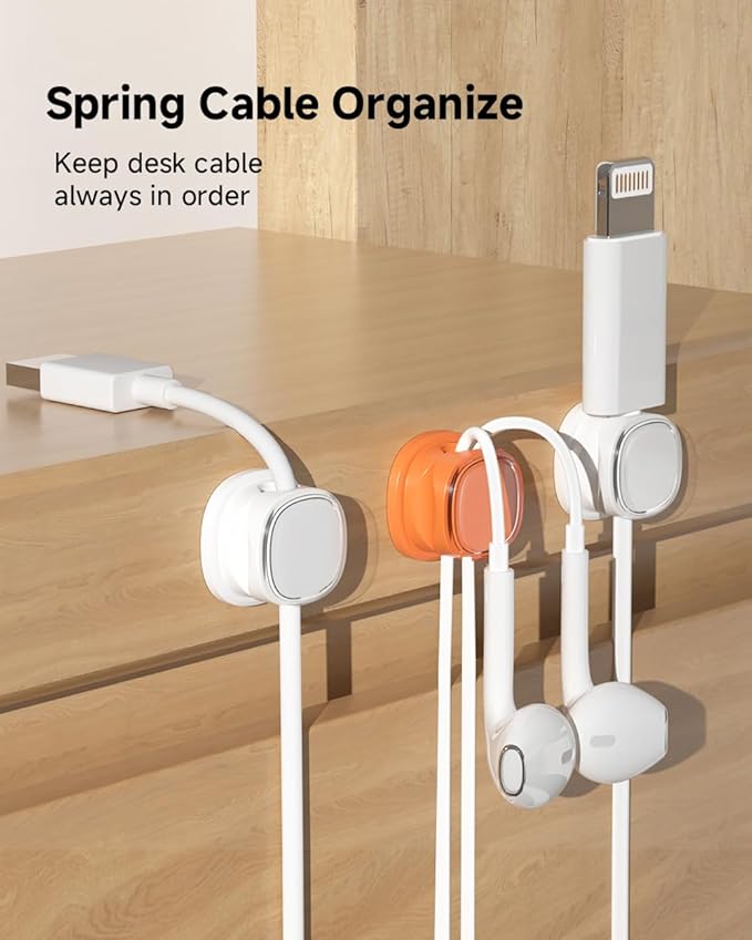 9 Pack Cord Organizer, Spring Cable Management, Adhesive Cute Cable Holder Clips, Phone Charger Wire Keeper for Desk Nightstand Car Office (9-Pack White_Orange)
