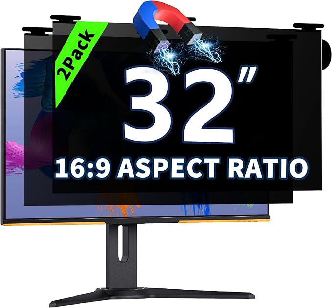 2 Pack Magnetic Hanging Computer Privacy Screen 32 Inch for 16:9 Widescreen Monitor, Removable Privacy Screen Anti Glare Blue Light Computer Screen Shield, Anti-Scratch 32 in Protector Film