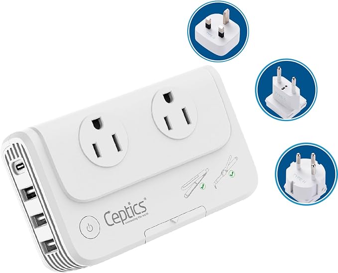 Ceptics Egypt, Dubai, Jordan Voltage Converter, Convert 220V to 110V for Devices Like Curling Iron Straightener Chargers 4 USB PD 18W Fast Charging Type H, C, G