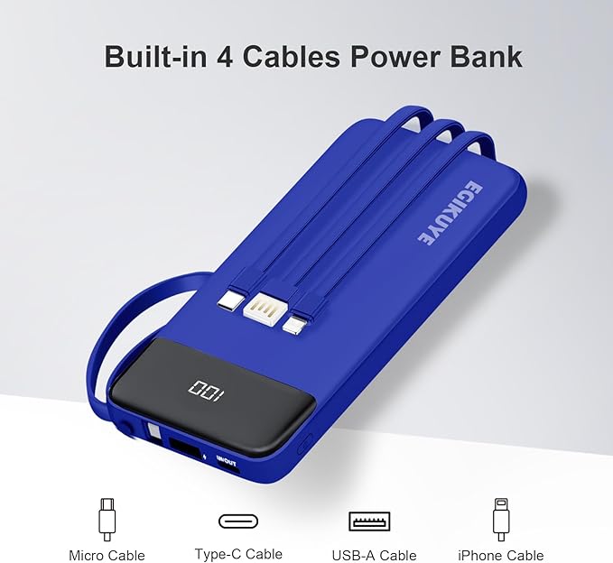 Power Bank 10000mAh Portable Charger with 4 Built-in Cables, Type-C in & Out Phone Charger, External Battery Charger Pack & Travel Essential for iPhone 16/15/14, Samsung, iPad, Android
