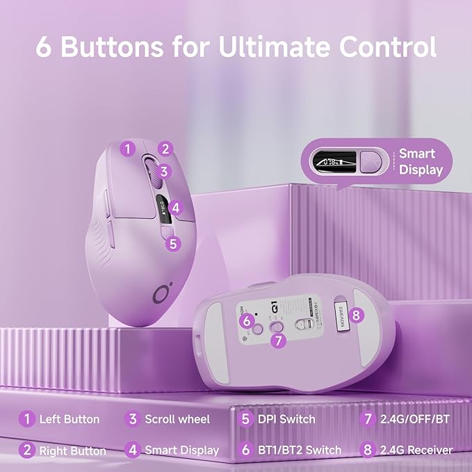 EWEADN Q1 Wireless Mouse, Bluetooth & 2.4G Silent Mouse Quiet Click with 3 DPI Levels, Battery & DPI Smart Display, 6 Button Small Portable Cordless Mice for Laptop/PC/Mac-Purple