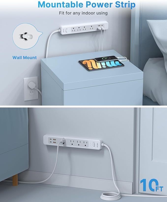 VINTAR 2 Prong Power Strip, 2 Prong to 3 Prong Outlet Adapter, 10ft Extension Cord with 4 Outlets & 4 USB(2 USB-C), 1440J Flat Plug Two Prong Surge Protector, Wall Mountable Ideal for Old House