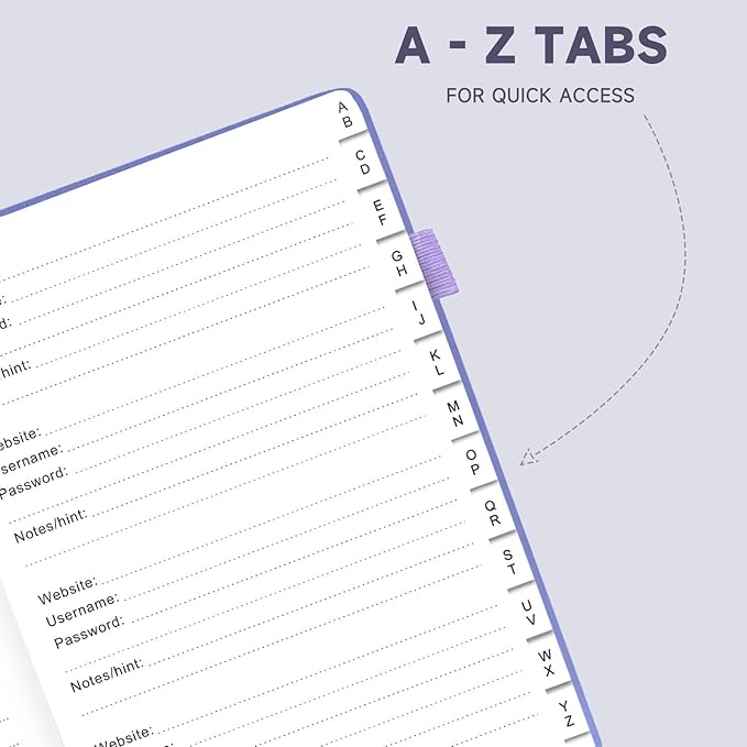 Password Book with Alphabetical Tabs – Hardcover Internet Address & Password Organizer – Password Keeper Notebook for Computer & Website – 7x 10" Log-in Password Journal w/Thick Paper (Lavender)