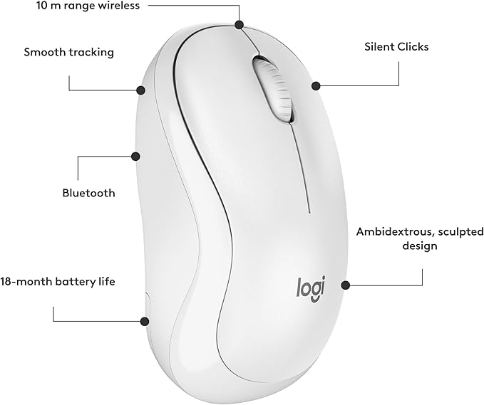Logitech M240 Silent Bluetooth Mouse, Wireless, Compact, Portable, Smooth Tracking, 18-Month Battery, for Windows, macOS, ChromeOS, Compatible with PC, Mac, Laptop, Tablets - Off White