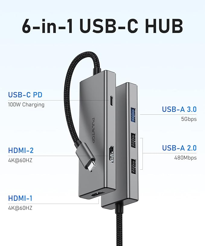 USB C Hub, USB Adapter with 1*USB-C 3.2, 2*USB 2.0, 2 *HDMI, 100W PD in, Multiport Dongle for MacBook Pro, MacBook Air, Dell and More
