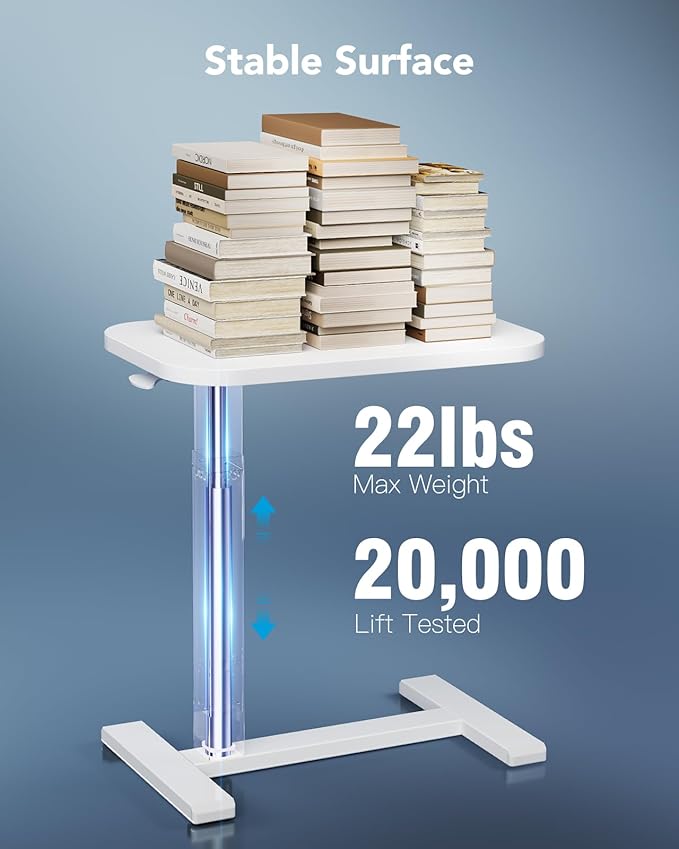 HUANUO Bedside Table with Wheels, Height-Adjustable Rolling Computer Cart, Overbed Table with Cup Holder, Pneumatic Laptop Standing Desk for Home Office, White (27.6" x 15.7")