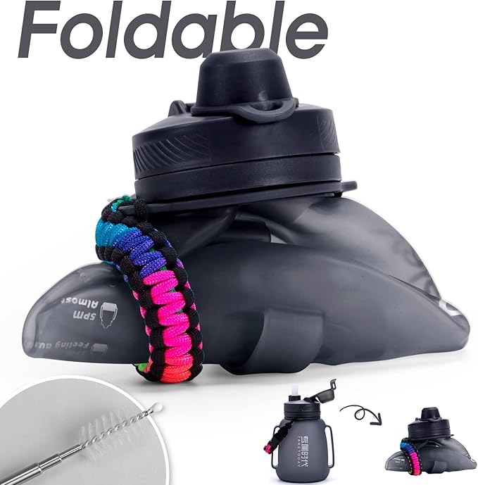 TakeToday Collapsible Water Bottles 40 OZ Motivational Water Bottle with Straw and Paracord Handle Silicone Sports Water Jug with Times Leakproof Large Water Bottle for Yoga Camping Outdoors
