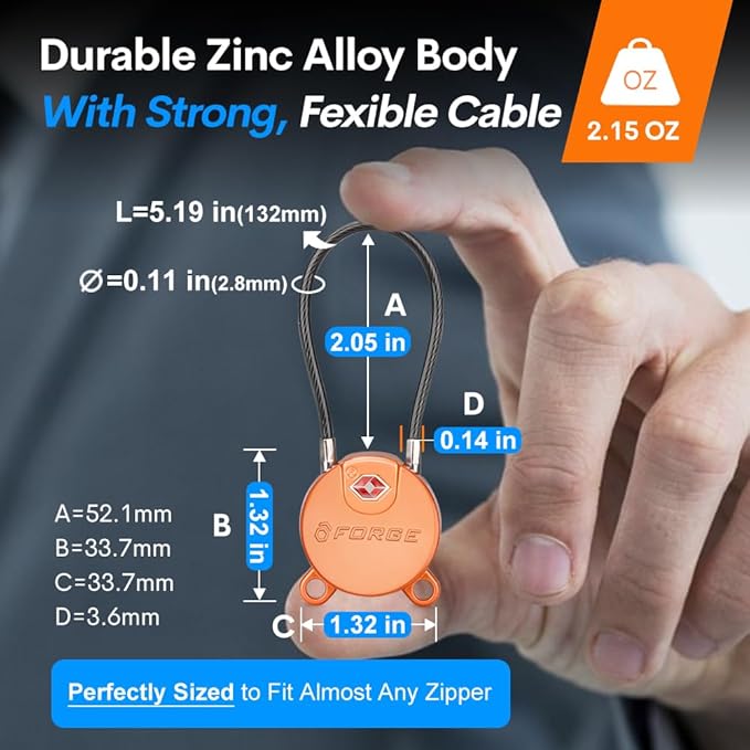 Forge TSA Approved Luggage Locks Ultra-Secure Dimple Key Cable Locks for Travel with Zinc Alloy Body- 2 Orange Locks