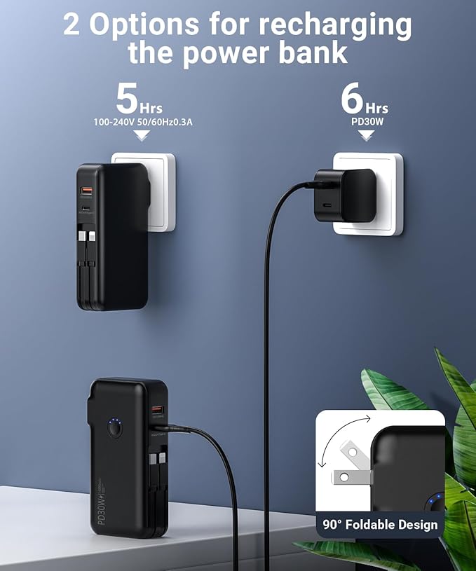 Portable Charger, Power Bank, 16000mAh Power Bank Built-in AC Wall Plug and Cables, PD 30W and QC4.0 Fast Charger for iPhone and Android Phones and Most Electronic Devices (Black)