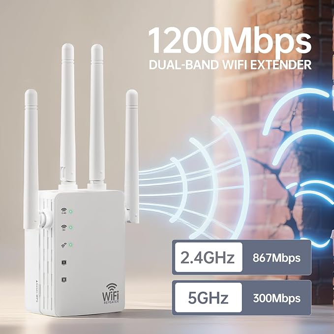 1200Mbps WiFi Extender Signal Booster - Covers Up to 11880 Sq.ft & 100 Devices, Dual Band 5GHz/2.4GHz - WiFi Extenders Signal Booster for Home, WiFfi Repeater, Internet Extender, WiFi Booster