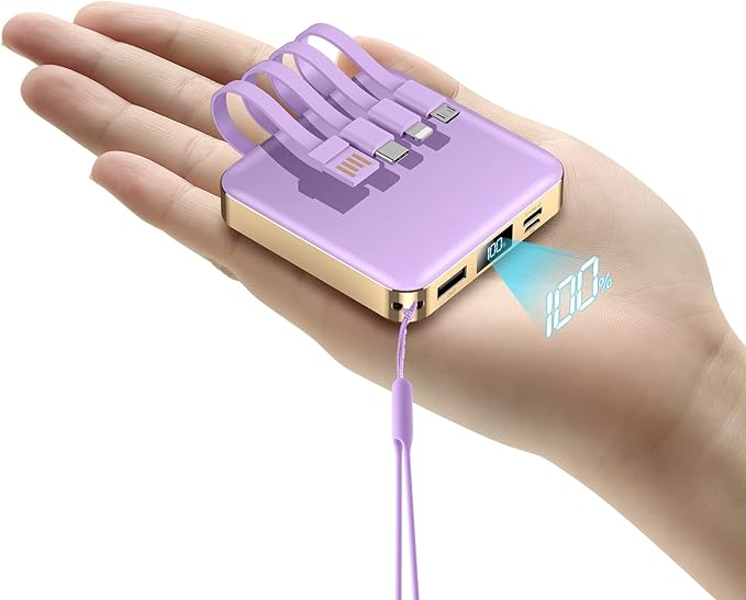 Portable Charger 12000mAh with Built-in Cables,22.5W Fast Charging Power Bank,USB C Input/Output,Smart LED Display,Compact External Battery for iPhone 15,Samsung Galaxy,iPad,Tablets