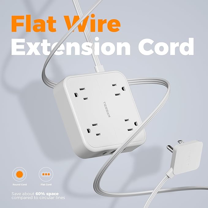 Surge Protector Flat Extension Cord 10FT, TESSAN Flat Plug Power Strip with 4 Outlets 3 USB Ports (1 USB C), 900 Joules Protection, Multiple Wall Outlet Extender Suitable for Home Office Dorm, White
