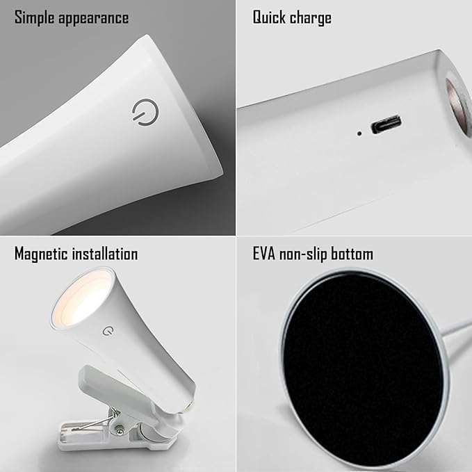 5 Modes Rechargeable LED Lamp with Magnet Swivel Joint, Touch Control, Adjustable Brightness, Color, 360° Angle, Can Become Desk Lamp, Clip Lamp, Wall Lamp, Flashlight, Portable Charger (White)