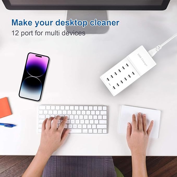 USB C Charger, 12 Ports USB Charging Station, 50W MultiPort USB Charging Block, USBC Desktop Multiple Charger for iPhone 16/15/14/13/12/iPad/Samsung S24/S23/Ultra/Z Flod/Watch/Headphones