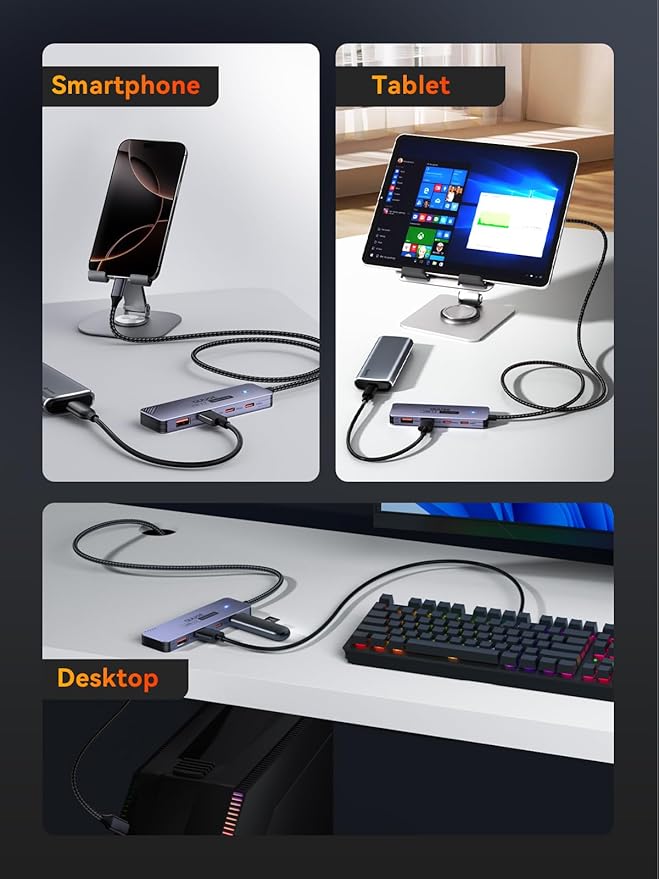 USB C Hub 10Gbps, USB 3.2 Gen 2 HUB with 2*USB-C & A, Type C Multiport Adapter for MacBook Pro/Air, Acer Aspire, HP Laptops, iPad Pro, iPhone 15/15 Pro Max and More, 100cm(3.3Ft) Long Cable