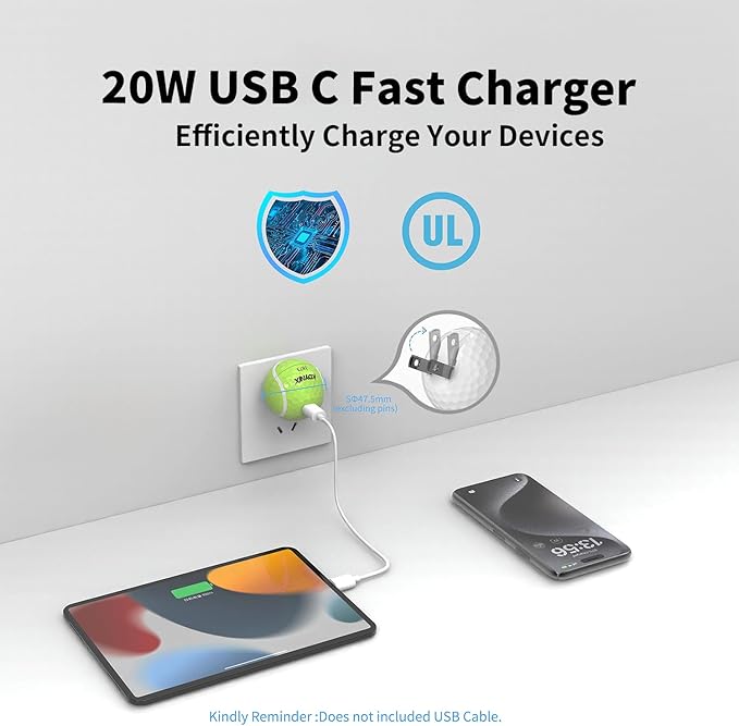USB C Charger Block 20W，Creative Golf Ball Type C Wall Charger，GaN III Power Adapter with UL Certified，Fast Charging for iPhone 16/15 Series, Galaxy, Google Pixel,iPad,AirPods