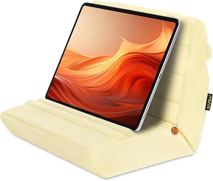 MOSISO Tablet Pillow Stand,Soft Tablet Holder for Lap,Tablet Soft Pad Dock with Pockets&Stylus Slot&4 Viewing Angles Compatible with iPad Pro 12.9,11,10.5,9.7,Air Mini 6,5,4,3, E-Reader, Pastel Yellow